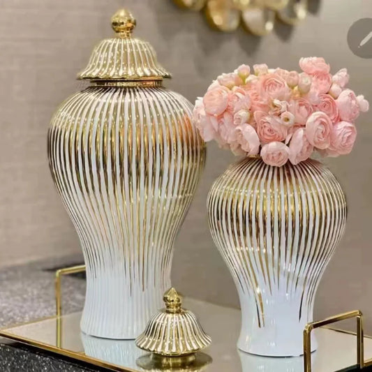 Elegant European Gold-Plated Stripe Ceramic Storage Jar by JarGold