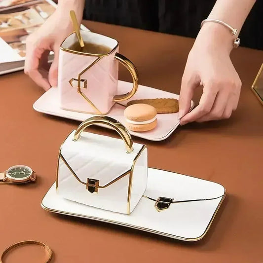 Artisan Diamond Bag Ceramic Coffee Mug Set with Tray – Perfect for Any Occasion