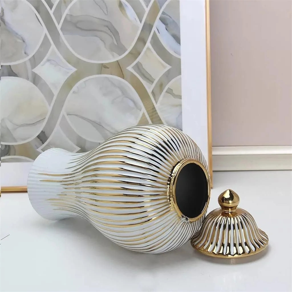 Elegant European Gold-Plated Stripe Ceramic Storage Jar by JarGold