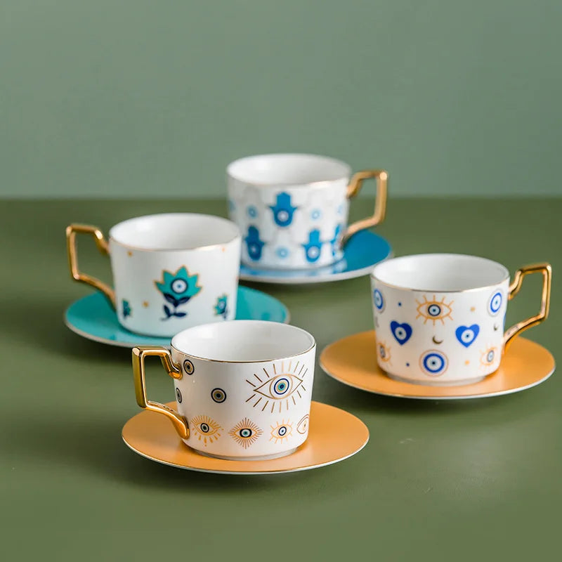 European Elegance: Blue Eye Ceramic Coffee Cup & Saucer Set