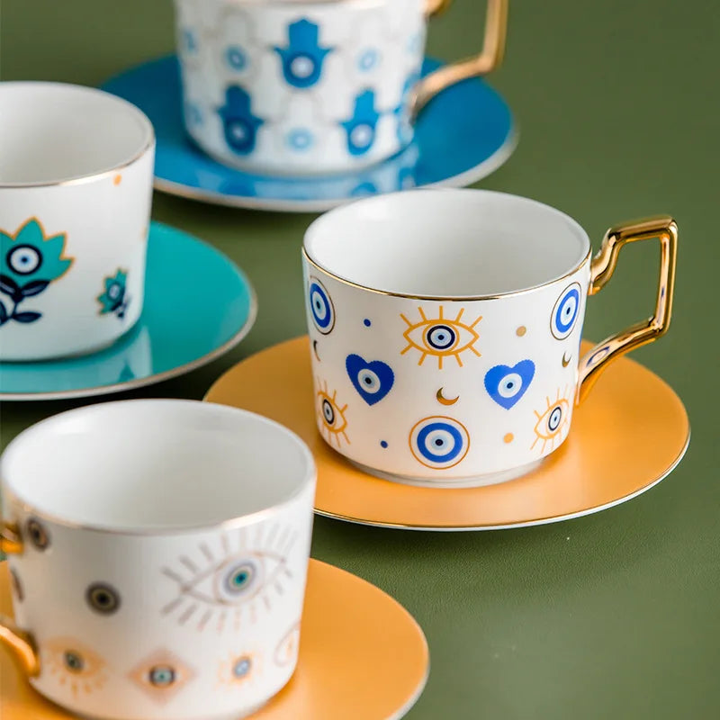 European Elegance: Blue Eye Ceramic Coffee Cup & Saucer Set